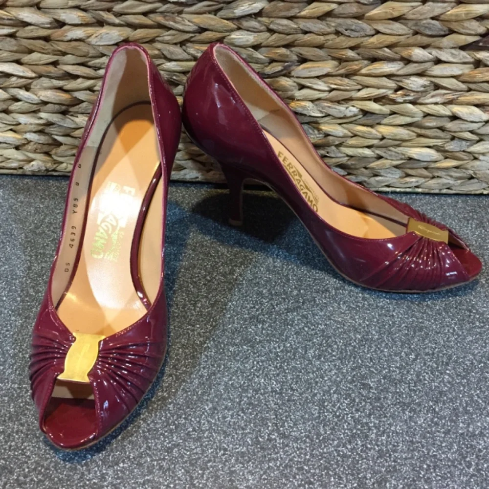 Salvatore Ferragamo Burgundy Patent Peep-Toe Heels with Gold Accent